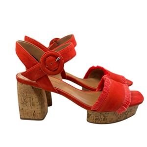 Bernardo Reagan Tomato Red Suede Fringe Cork Heel Sandals Ankle Strap Retro‎ 7.5